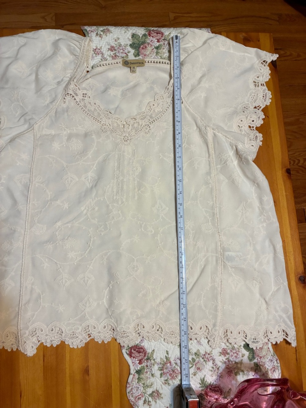 Democracy Cream Eyelet Lace Scoop Neck Flutter Sleeve Top - Picture 9 of 11